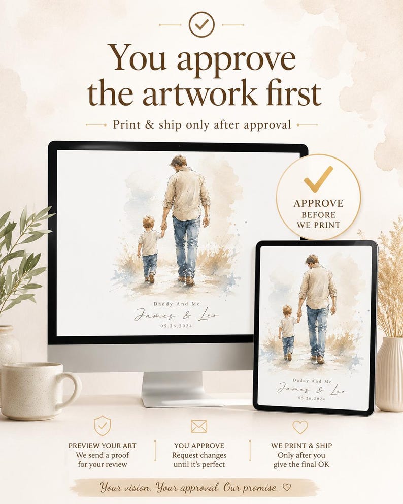 Puede incluir: Una impresi&oacute;n de arte digital que muestra a un padre y un ni&ntilde;o caminando, exhibida en un monitor de computadora y una tableta. El texto dice "You approve the artwork first" y "Daddy And Me James & Leo 05.26.2024". La imagen est&aacute; en tonos suaves de acuarela.