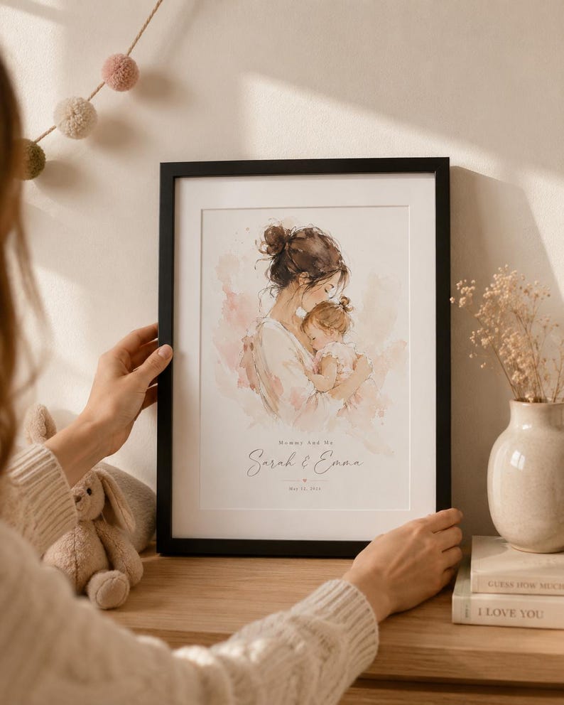 May include: A framed watercolor print depicts a mother and child in soft pink and beige tones. The black frame surrounds the artwork, which includes the text "Mommy and Me" and the names "Sarah & Emma." A decorative piece for a nursery or home.