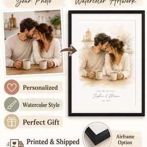 May include: A framed watercolor artwork of a couple, with the text "Still My Favorite, Sophia & Mason, Est. 2018." The image is next to a photo of the couple. The image also includes the text "Personalized", "Watercolor Style", and "Perfect Gift."