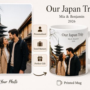 Pode incluir: Caneca de cer&acirc;mica branca com uma foto de um casal no Jap&atilde;o e o texto "Our Japan Trip, Mia & Benjamin, 2026." A caneca tamb&eacute;m tem &iacute;cones para personaliza&ccedil;&atilde;o, mem&oacute;ria de viagem e presente perfeito.