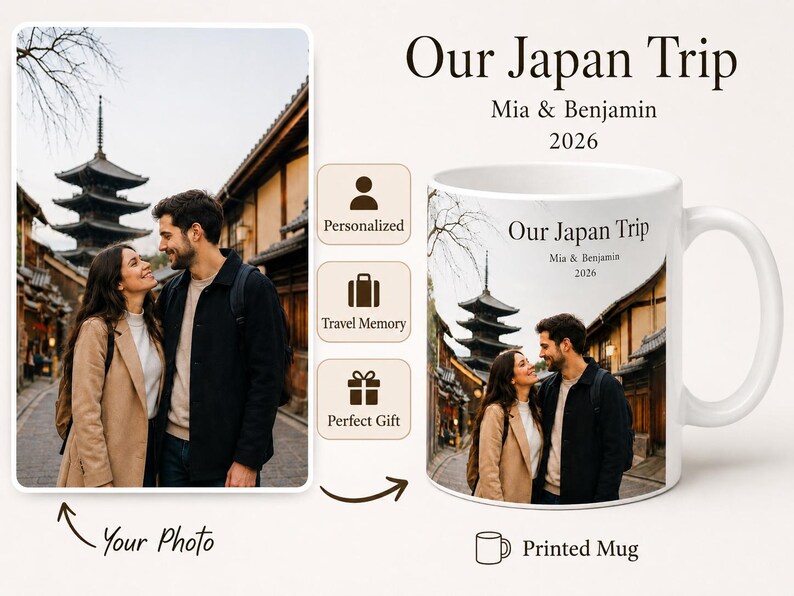 Pode incluir: Caneca de cer&acirc;mica branca com uma foto de um casal no Jap&atilde;o e o texto "Our Japan Trip, Mia & Benjamin, 2026." A caneca tamb&eacute;m tem &iacute;cones para personaliza&ccedil;&atilde;o, mem&oacute;ria de viagem e presente perfeito.