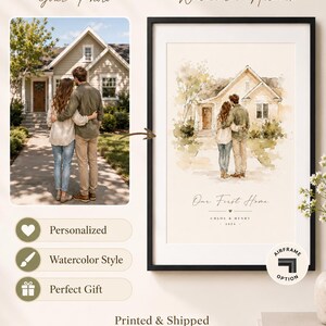 Puede incluir: Una obra de arte en acuarela enmarcada y una fotograf&iacute;a de una pareja frente a una casa. La obra de arte est&aacute; etiquetada como "Our First Home" con nombres y un a&ntilde;o. La imagen tambi&eacute;n incluye el texto "Personalizado", "Estilo Acuarela" y "Regalo Perfecto".