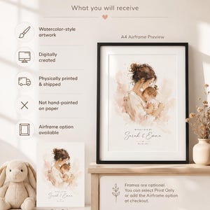 May include: A framed watercolor-style print featuring a mother and child in soft, neutral tones. The print is displayed with an A4 airframe preview and is available with or without a frame. Text on the print reads "Mommy and Me, Sarah & Emma."