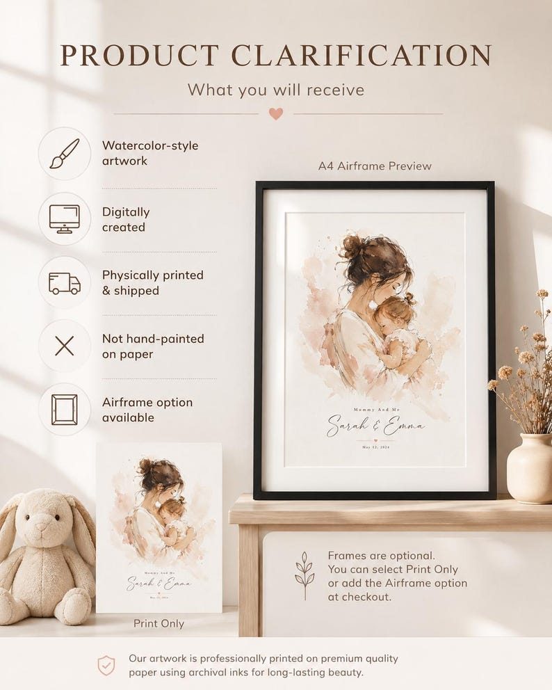 May include: A framed watercolor-style print featuring a mother and child in soft, neutral tones. The print is displayed with an A4 airframe preview and is available with or without a frame. Text on the print reads "Mommy and Me, Sarah & Emma."