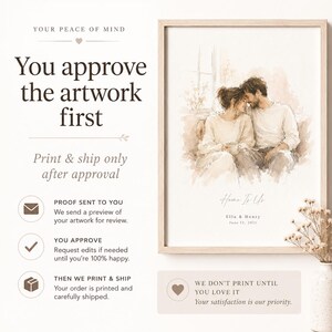 May include: A framed watercolor print featuring a couple embracing, with the text "Home To Us" and a date. The print is in a light wooden frame. Text on the image states "You approve the artwork first" and "We don't print until you love it."