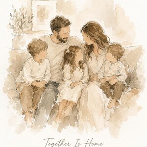 K&ouml;nnte beinhalten: Aquarell-Familienportr&auml;t mit f&uuml;nf Personen auf einem Sofa. Das Bild hat eine weiche, neutrale Farbpalette mit dem Text "Together Is Home" und "The Anderson Family Est. 2017".