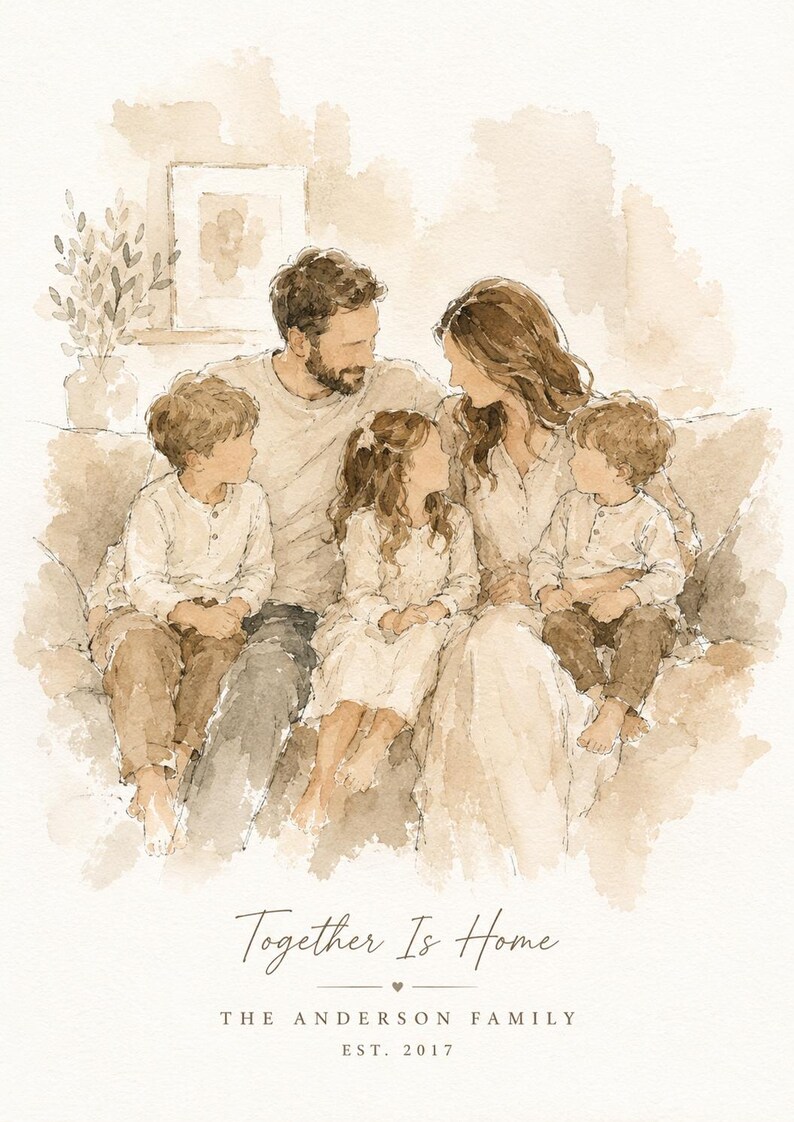 K&ouml;nnte beinhalten: Aquarell-Familienportr&auml;t mit f&uuml;nf Personen auf einem Sofa. Das Bild hat eine weiche, neutrale Farbpalette mit dem Text "Together Is Home" und "The Anderson Family Est. 2017".