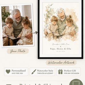 May include: A framed watercolor artwork featuring a grandfather reading to two grandchildren. The artwork is in soft watercolor tones and includes the text "Grandpa's Little Crew" and names. The image also shows a photo of the same scene.