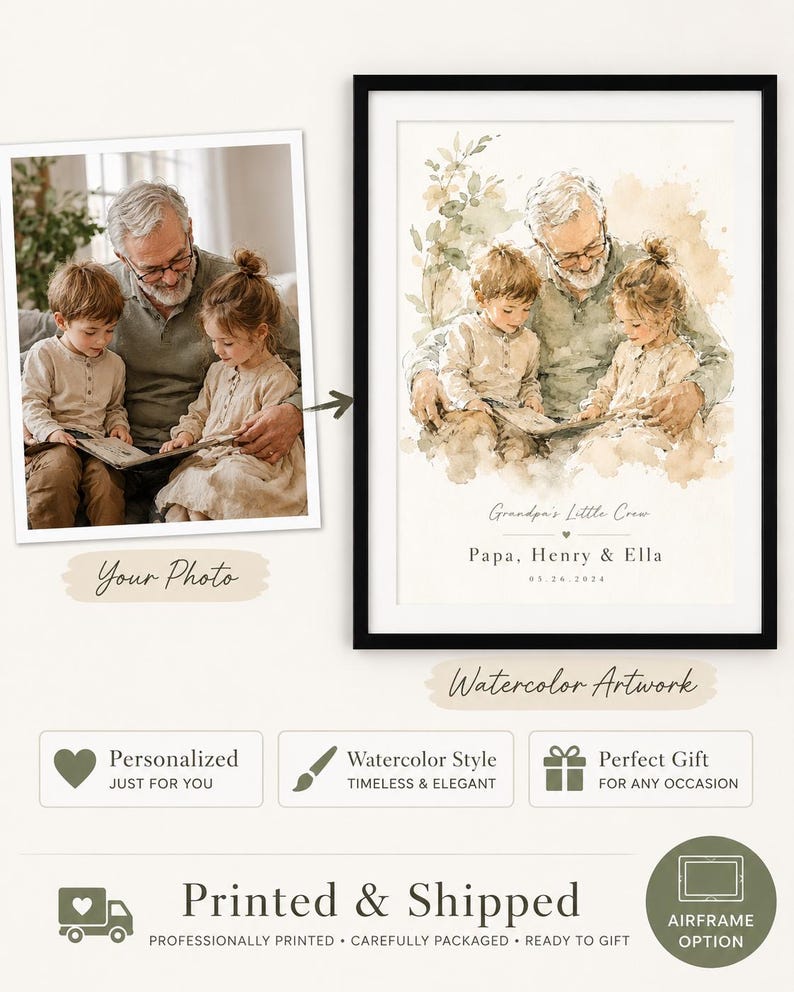 May include: A framed watercolor artwork featuring a grandfather reading to two grandchildren. The artwork is in soft watercolor tones and includes the text "Grandpa's Little Crew" and names. The image also shows a photo of the same scene.
