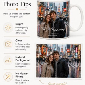 May include: White ceramic mug featuring a couple in Tokyo, with the text "Tokyo Memories 2026" and the names "Ava & Liam." The mug is displayed with a photo example and tips for creating the perfect mug.