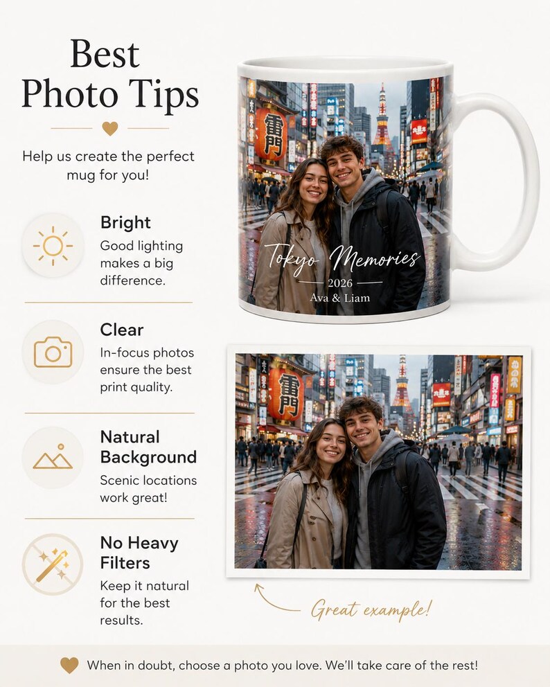 May include: White ceramic mug featuring a couple in Tokyo, with the text "Tokyo Memories 2026" and the names "Ava & Liam." The mug is displayed with a photo example and tips for creating the perfect mug.