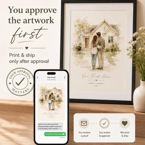 Puede incluir: Una impresi&oacute;n enmarcada de acuarela de una pareja frente a una casa, titulada "Our First Home". Un smartphone muestra la prueba de la obra de arte, con el texto: "Usted aprueba la obra de arte primero". La imagen tambi&eacute;n muestra los pasos: recibir la prueba, revisar y aprobar, e imprimir y enviar.