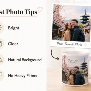 May include: A white ceramic mug featuring a travel photo of a couple in Japan, with a pagoda in the background. The mug has a handle and the text "Japan 2026" and "Your Travel Photo". The image also includes photo tips.