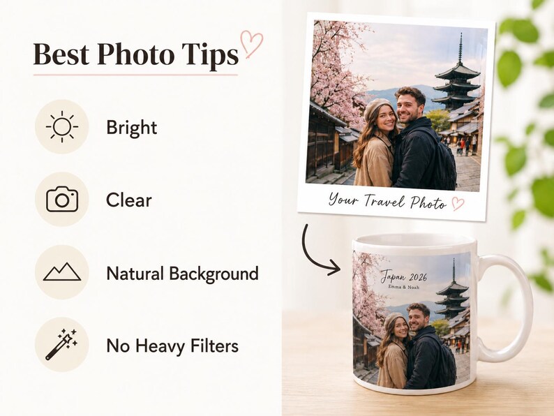 May include: A white ceramic mug featuring a travel photo of a couple in Japan, with a pagoda in the background. The mug has a handle and the text "Japan 2026" and "Your Travel Photo". The image also includes photo tips.