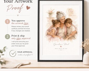 Grandma’s Heart Watercolor Print, Personalized Wall Art for Grandma and Grandchildren
