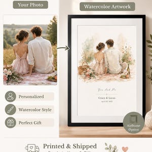 K&ouml;nnte beinhalten: Gerahmtes Aquarellkunstwerk mit einem Paar, das im Freien sitzt, mit Picknickkorb und Blumen. Das Kunstwerk ist mit dem Text "You And Me" und Namen personalisiert. Ein perfektes Geschenk.