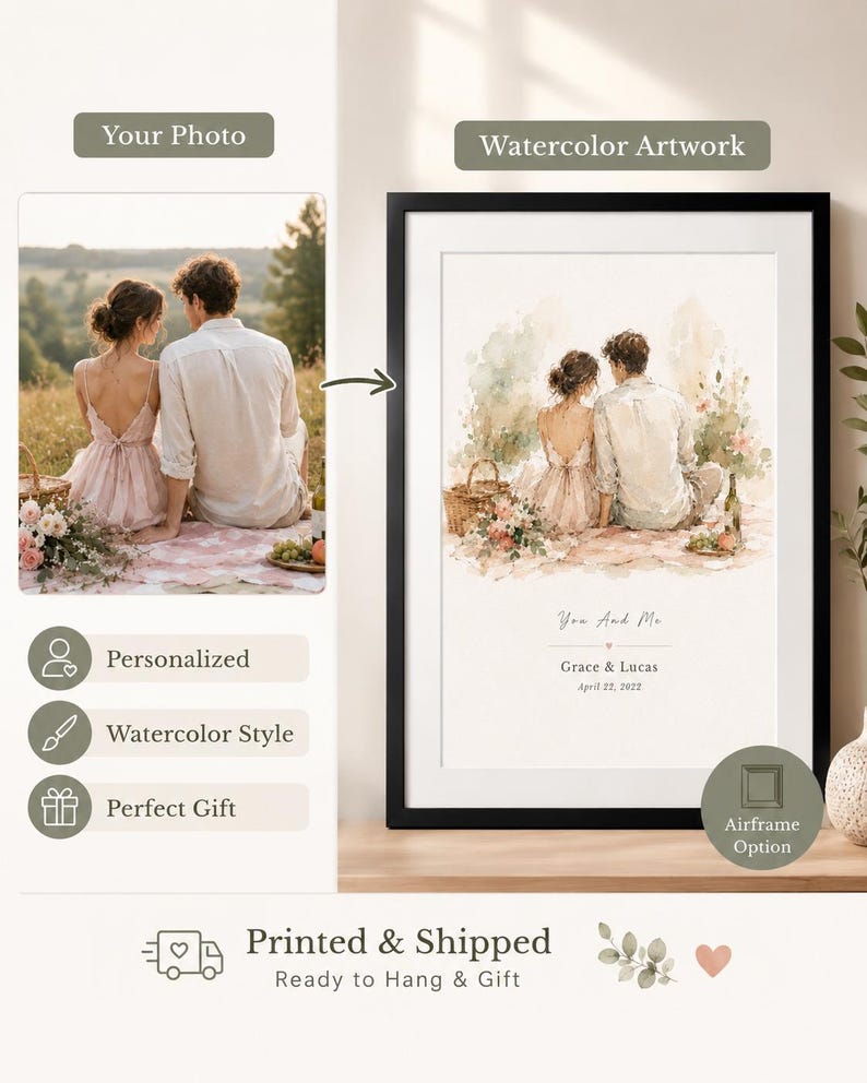 K&ouml;nnte beinhalten: Gerahmtes Aquarellkunstwerk mit einem Paar, das im Freien sitzt, mit Picknickkorb und Blumen. Das Kunstwerk ist mit dem Text "You And Me" und Namen personalisiert. Ein perfektes Geschenk.