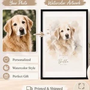 May include: A framed watercolor artwork of a golden retriever dog, personalized with the dog's name and dates. The artwork is in a black frame and features the text "Forever Loved" and "Bella 2012-2024".