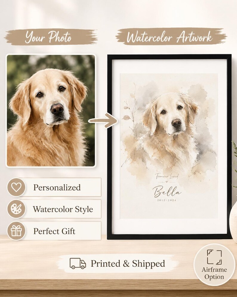 May include: A framed watercolor artwork of a golden retriever dog, personalized with the dog's name and dates. The artwork is in a black frame and features the text "Forever Loved" and "Bella 2012-2024".