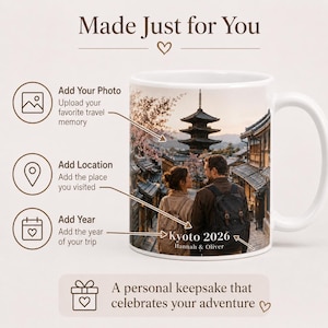 May include: White ceramic mug featuring a scenic photo of Kyoto, Japan, with a couple. The mug includes text that reads "Kyoto 2026" and "Hannah & Oliver." The mug also has the text "Made Just for You" and "A personal keepsake that celebrates your adventure."