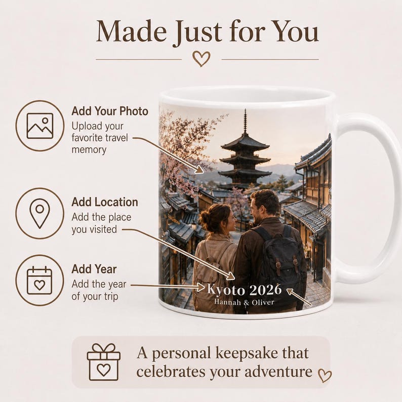 May include: White ceramic mug featuring a scenic photo of Kyoto, Japan, with a couple. The mug includes text that reads "Kyoto 2026" and "Hannah & Oliver." The mug also has the text "Made Just for You" and "A personal keepsake that celebrates your adventure."