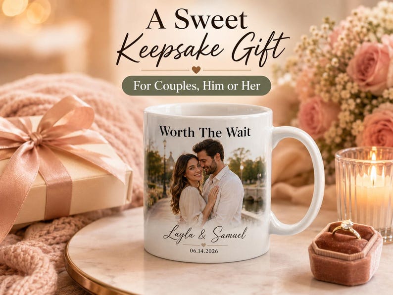Op de afbeelding: Een witte keramische mok met een foto van een stel, de tekst "Worth The Wait", namen en een datum. De mok maakt deel uit van een cadeau set met een ringdoos, een kaars en een verpakte geschenkdoos. De tekst "A Sweet Keepsake Gift" staat bovenaan.