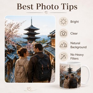 May include: A white ceramic mug featuring a photograph of a couple looking at a Japanese pagoda. The mug also shows the text "Best Photo Tips" with icons and text: Bright, Clear, Natural Background, and No Heavy Filters.
