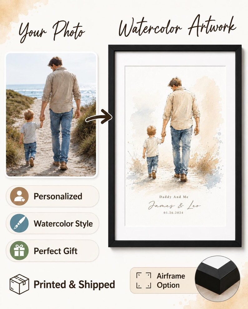 Puede incluir: Una obra de arte en acuarela enmarcada que representa a un padre y a un ni&ntilde;o caminando por una playa. La obra de arte est&aacute; en un marco negro e incluye el texto "Daddy And Me" y los nombres "James & Leo" con una fecha. La imagen es personalizada e impresa.