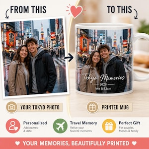 May include: White ceramic mug featuring a photograph of a couple in Tokyo, Japan, with the text "Tokyo Memories 2026 Ava & Liam." The image shows a vibrant cityscape with red lanterns and a tall tower.