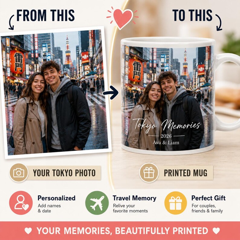 May include: White ceramic mug featuring a photograph of a couple in Tokyo, Japan, with the text "Tokyo Memories 2026 Ava & Liam." The image shows a vibrant cityscape with red lanterns and a tall tower.