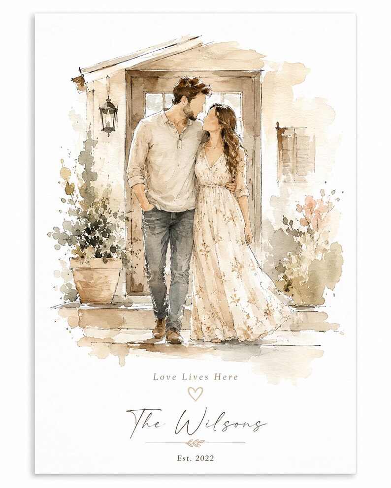 May include: Watercolor print of a couple embracing in front of a door. The print features the text "Love Lives Here," a heart, the name "The Wilsons," and the year "Est. 2022."