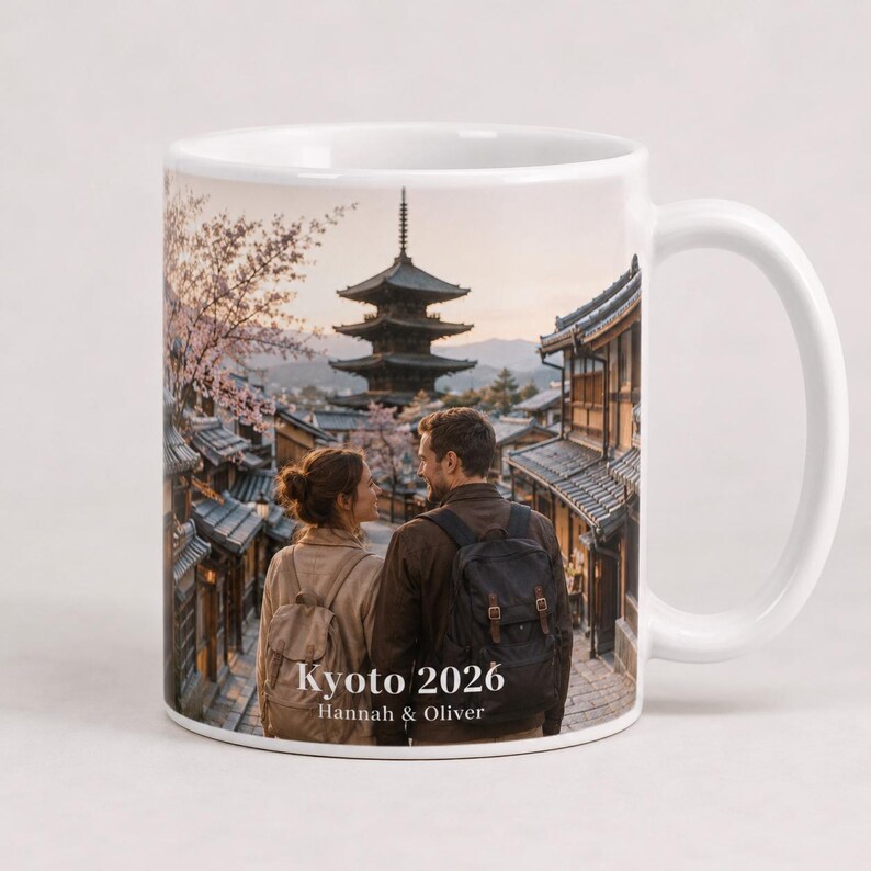 May include: White ceramic mug featuring a scenic image of Kyoto, Japan, with a pagoda and traditional buildings. The mug has a handle and includes the text "Kyoto 2026" and "Hannah & Oliver". The image shows a couple looking at each other.