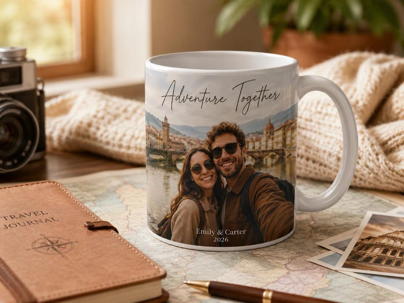 Pu&ograve; includere: Tazza in ceramica bianca con una foto di una coppia e la scritta "Adventure Together". La tazza riporta i nomi "Emily & Carter 2026". Un diario di viaggio e una macchina fotografica sono sullo sfondo.