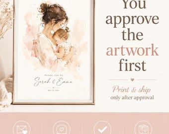 Mommy And Me Watercolor Print, Personalized Wall Art for Mom and Child