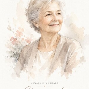 May include: Watercolor portrait of an elderly woman with short, gray hair, wearing a light-colored cardigan and a pearl earring. The image includes the text "ALWAYS IN MY HEART" and the name "Margaret" with the years "1942 - 2024".