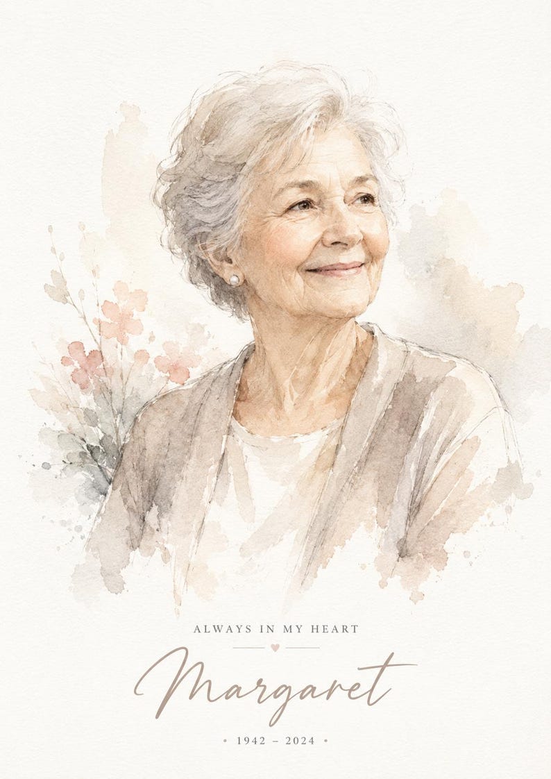 May include: Watercolor portrait of an elderly woman with short, gray hair, wearing a light-colored cardigan and a pearl earring. The image includes the text "ALWAYS IN MY HEART" and the name "Margaret" with the years "1942 - 2024".