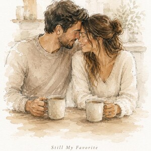 May include: Watercolor print of a couple with their foreheads touching, holding mugs of coffee. The print has the text "Still My Favorite" and the names "Sophia & Mason" with "Est. 2018". The color palette is soft and warm.