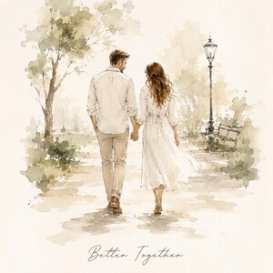 Puede incluir: Impresi&oacute;n en acuarela de una pareja caminando de la mano. El hombre lleva camisa blanca y pantal&oacute;n caqui, la mujer un vestido blanco. El texto "Better Together" est&aacute; en la parte inferior, con nombres y fecha.