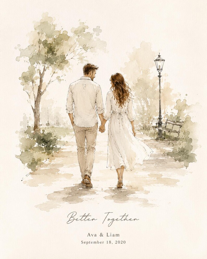 Puede incluir: Impresi&oacute;n en acuarela de una pareja caminando de la mano. El hombre lleva camisa blanca y pantal&oacute;n caqui, la mujer un vestido blanco. El texto "Better Together" est&aacute; en la parte inferior, con nombres y fecha.