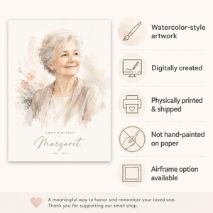 May include: Watercolor-style artwork portrait of a woman, with the name "Margaret" and dates 1942-2034. The image includes the text "Always in my heart". The artwork is digitally created and available with an airframe option.