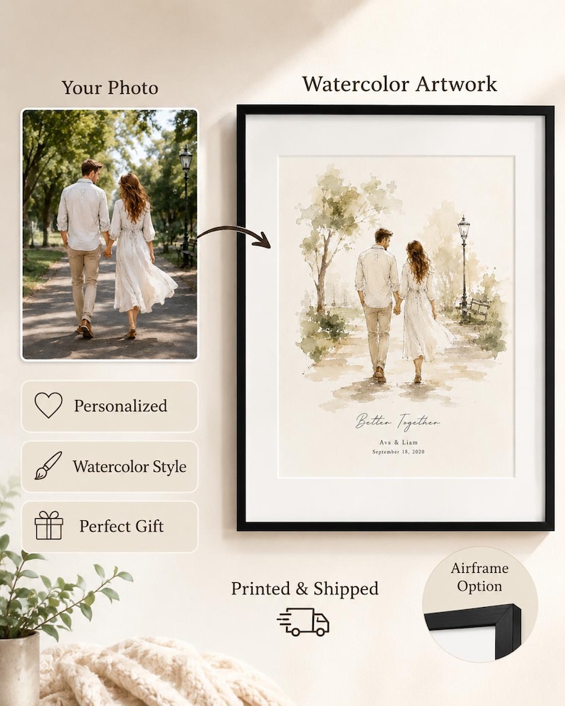 Puede incluir: Una obra de arte en acuarela enmarcada que representa a una pareja caminando por un camino, con una foto de la misma escena. La obra de arte est&aacute; en un marco negro e incluye el texto "Better Together" y nombres y una fecha. La imagen tambi&eacute;n muestra las palabras "Personalizado", "Estilo Acuarela" y "Regalo Perfecto".