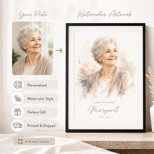 May include: A framed watercolor portrait of an elderly woman, with the text "Margaret" and dates "1942-2014". The artwork is in a black frame and includes the text "Always in my heart". The image also shows a photo of the woman and text "Your Photo".