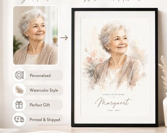Personalized Memorial Watercolor Portrait, Custom Wall Art Print for Family Keepsake