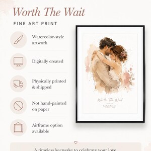 Może przedstawiać: Oprawiony wydruk artystyczny zatytułowany "Worth The Wait" z ilustracją w stylu akwareli przedstawiającą obejmującą się parę. Grafika została stworzona cyfrowo i jest dostępna z opcją ramy. Wydruk zawiera imiona Layla & Samuel.