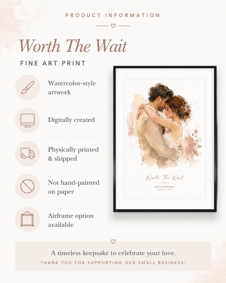 Może przedstawiać: Oprawiony wydruk artystyczny zatytułowany "Worth The Wait" z ilustracją w stylu akwareli przedstawiającą obejmującą się parę. Grafika została stworzona cyfrowo i jest dostępna z opcją ramy. Wydruk zawiera imiona Layla & Samuel.
