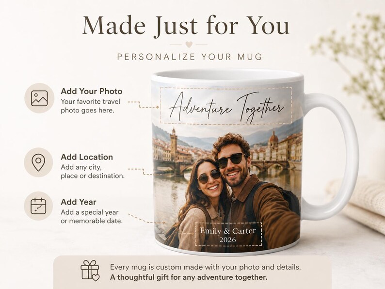 Pu&ograve; includere: Tazza in ceramica bianca con la foto di una coppia davanti a una citt&agrave; europea. La tazza riporta le parole "Adventure Together" e i nomi "Emily & Carter 2026". La tazza &egrave; personalizzata con una foto e dettagli.