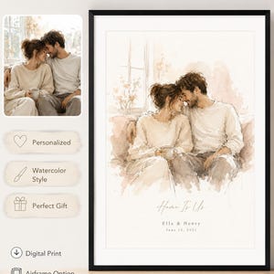 May include: A framed watercolor print featuring a couple embracing, with soft beige and brown tones. The print includes the text "Home Is Us," along with names and a date. The artwork is displayed in a black frame.