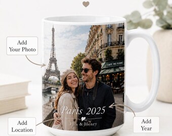 Paris Memories Mug, Personalized Travel Photo Gift for Couple or Traveler