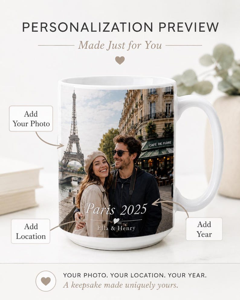 Peut inclure: Mug en c&eacute;ramique blanche avec une photo personnalis&eacute;e d'un couple &agrave; Paris, avec la Tour Eiffel en arri&egrave;re-plan. Le mug porte l'inscription "Paris 2025" et les noms "Ella & Henry". Un mug souvenir.