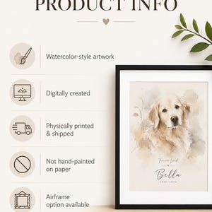 May include: A framed watercolor-style print featuring a golden retriever. The artwork, digitally created, includes the name "Bella" and dates "2012-2024" below the dog's image. The print is in a black frame, with the text "Forever Loved" above the name.